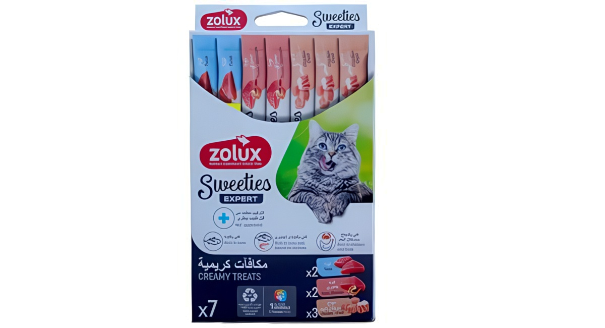 مكافآت قطط زولكس كريمي 4 نكهات – تونة وسالمون ودجاج وسرطان البحر 7 حبه14x جرام