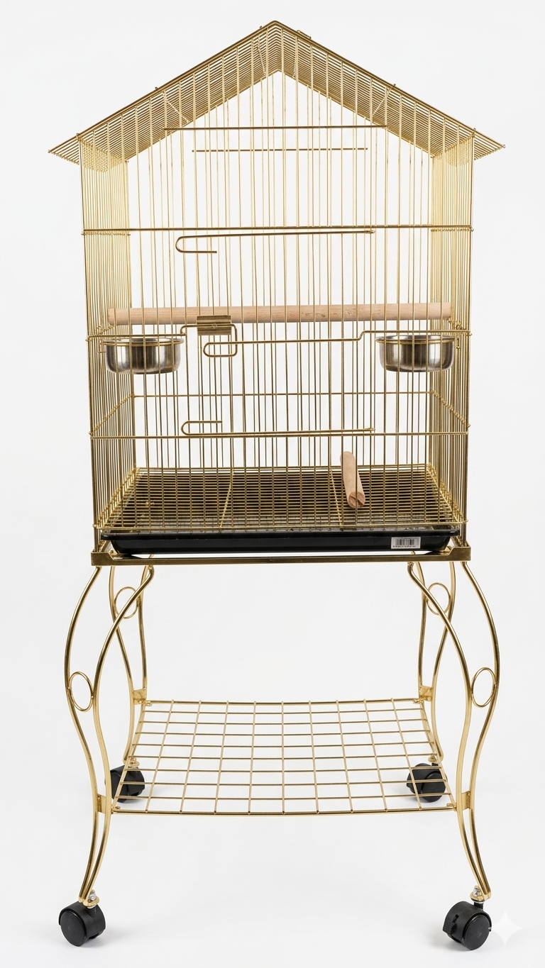 قفص طيور ذهبي فاخر بستاند متحرك – تصميم أنيق يضيف لمسة فخامة لمنزلك