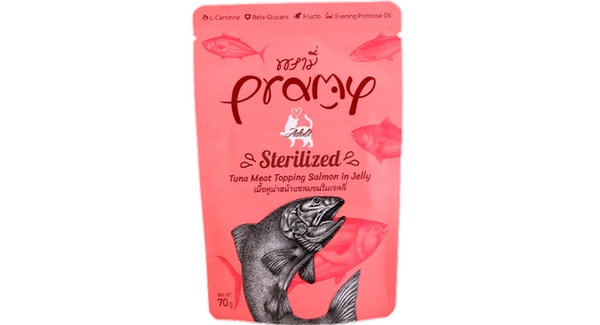 طعام قطط رطب Pramy Sterilized تونة مع السلمون في جيلي – تغذية مثالية للقطط المعقمة 70جرام