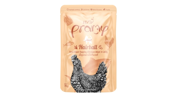 طعام قطط رطب pramy Hairball بالتونة والدجاج في الجيلي للقطط البالغة  – 70 جم
