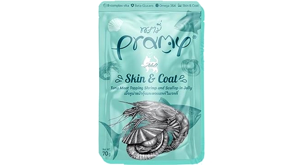 طعام قطط رطب برامي Skin & Coat بالتونة والروبيان والإسكالوب في الجيلي للقطط البالغة – 70 جم