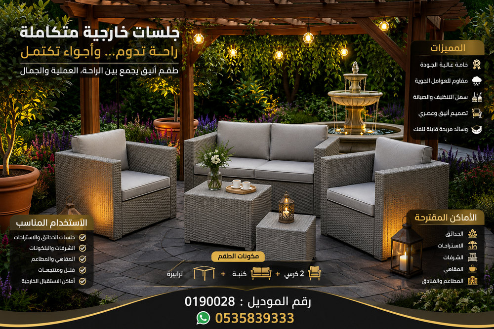 جلسات وترابيزات متكاملة للحدائق | طقم 2 كرسي و1 ترابيزة وكنبة بتصميم راقٍ