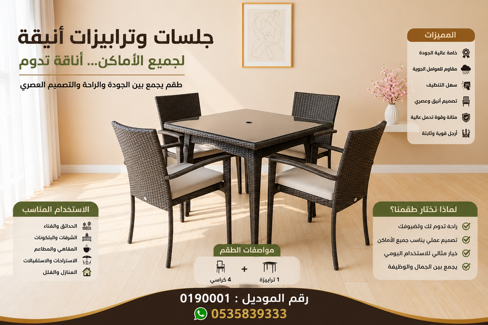 جلسات وترابيزات راقية للمنزل والحديقة | طقم كراسي ترابيزات 4 كراسي + ترابيزة